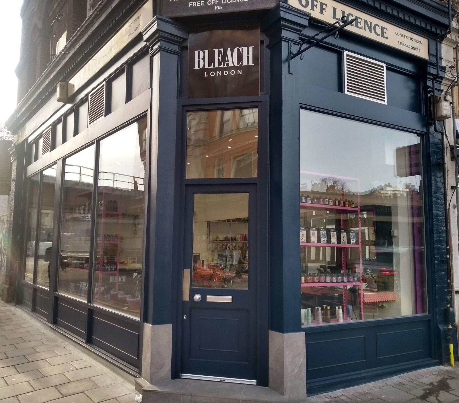 Bleach London — painted timber shopfront on a corner unit – Prestige Aluminium Systems
